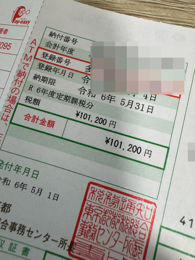 令和6年度の固自動車税通知書。税額は101,200円。