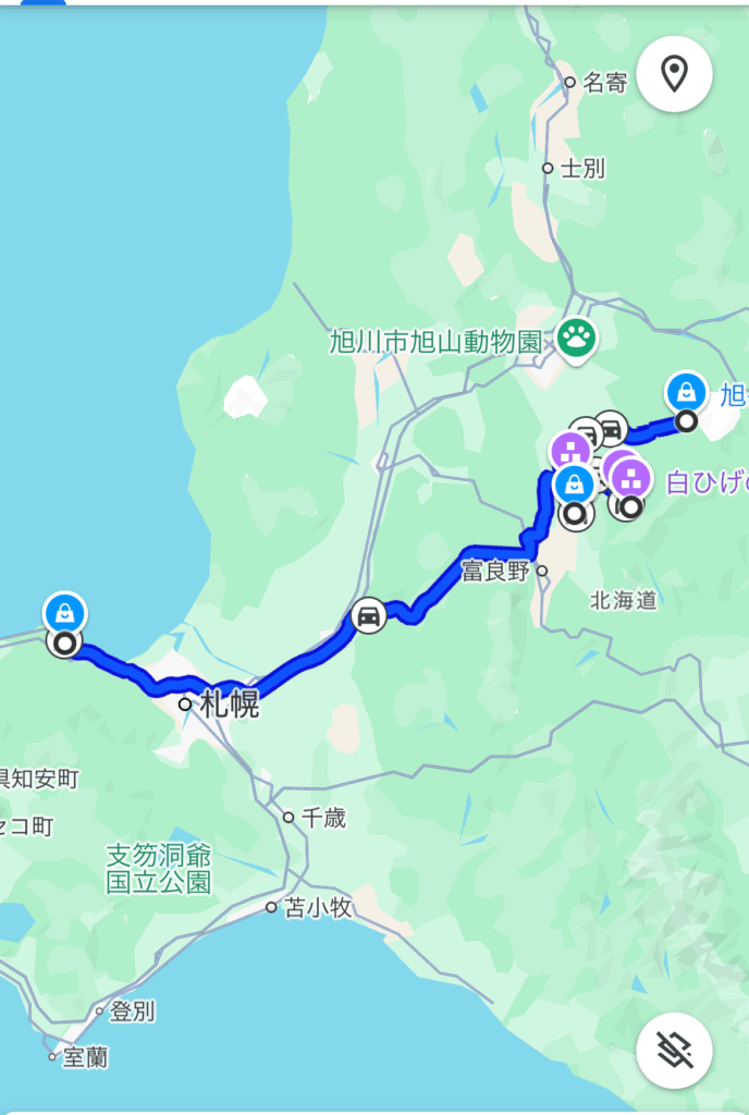 北海道の札幌から旭川方面への移動ルートを示したGoogleマップのスクリーンショット。