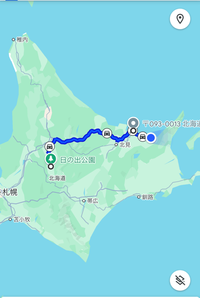 北海道2日目のルート。北見から日の出公園を経由し、知床方面へ向かうルートを示したGoogleマップのスクリーンショット。