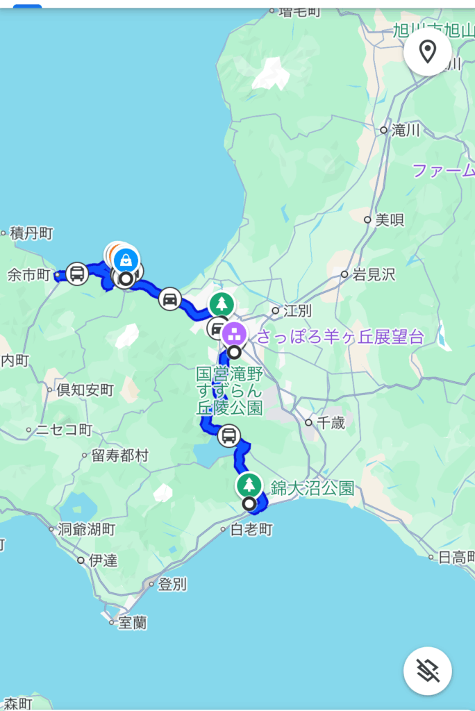 北海道旅行6日目のルートを示すGoogleマップ。登別から出発し、札幌方面に向かって余市方面へ移動。途中、羊ヶ丘展望台やモエレ沼公園などに立ち寄っている様子が見られる。