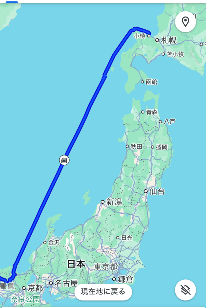 この画像は、2024年10月19日の北海道旅行7日目の行程を記録したGoogleタイムラインのスクリーンショットです。この日は登別エリアからスタートし、道央・札幌方面へ北上。札幌市内では「さっぽろ羊ヶ丘展望台」や「モエレ沼公園」など自然とアートを楽しめる観光地を訪れ、夕方には余市方面へと足を延ばしました。移動距離は短めながらも見どころの多い、充実した観光の日となりました。