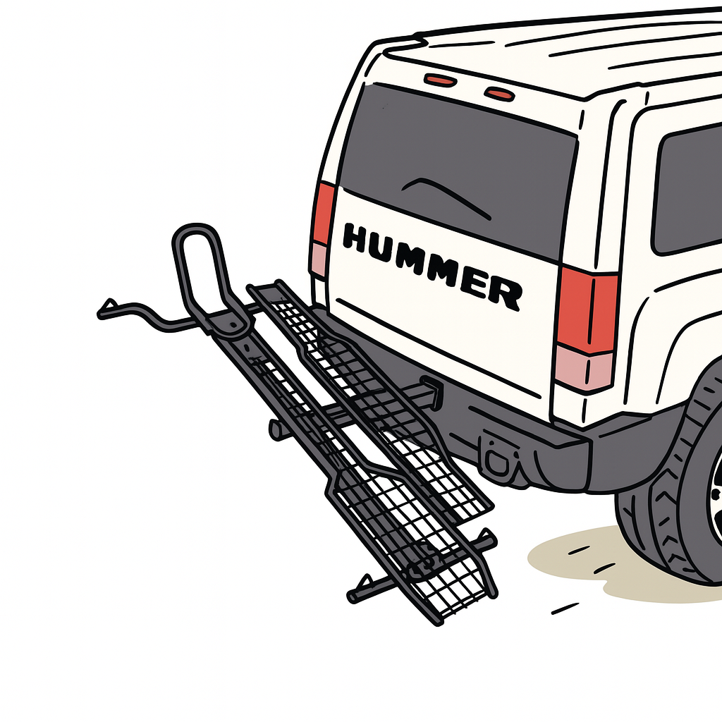 HUMMER H2のヒッチに取り付けられたMotoTote製バイクキャリアのイラスト