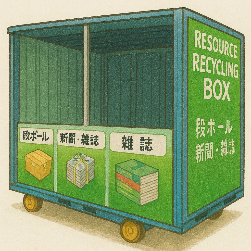 段ボール・新聞・雑誌を分別して回収するリサイクルボックスのイラスト。