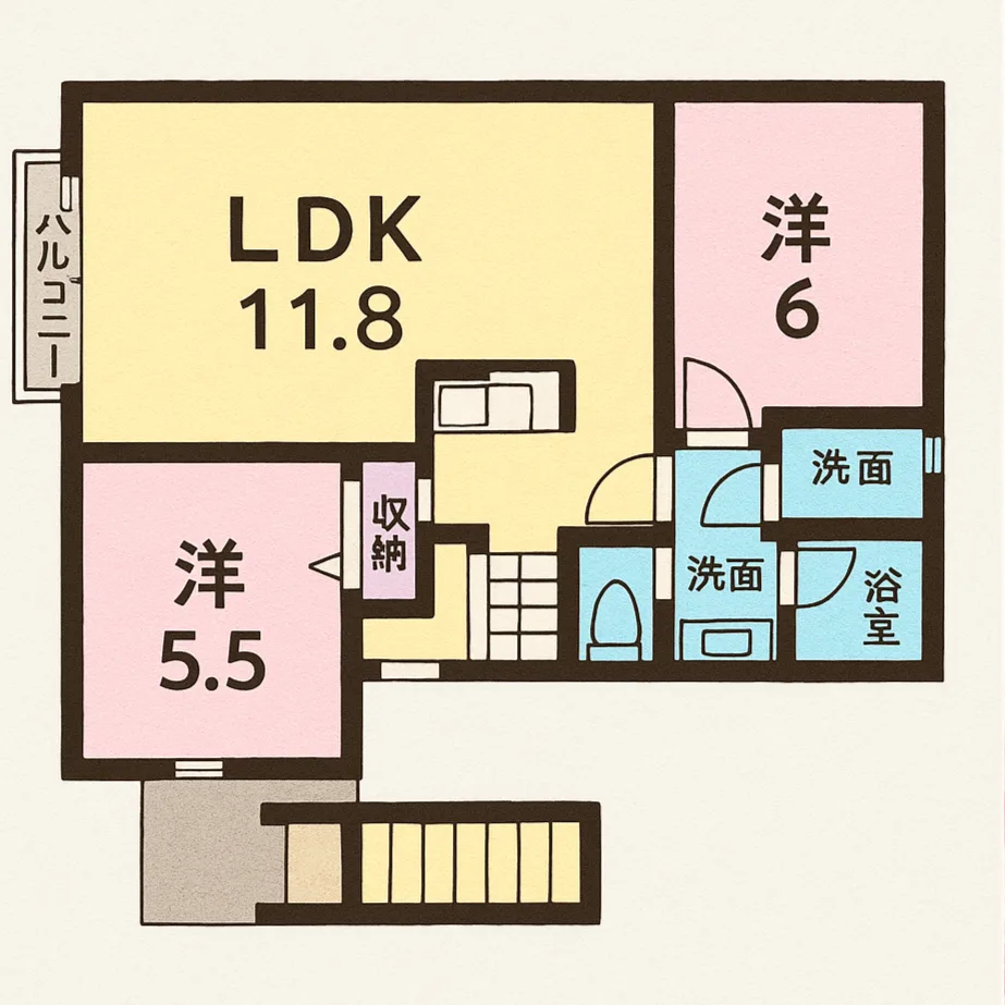 賃貸アパート2LDK間取り図。LDK11.8帖、洋室6帖と5.5帖、洗面・浴室・バルコニー付き。
