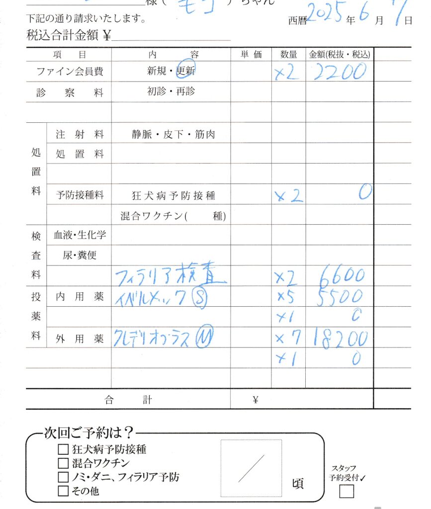 2025年6月の犬の動物病院の診療明細書(フィラリア・ノミダニ予防、狂犬病予防含む)