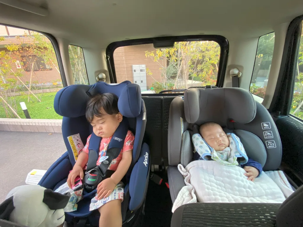 車のチャイルドシートで眠る兄弟