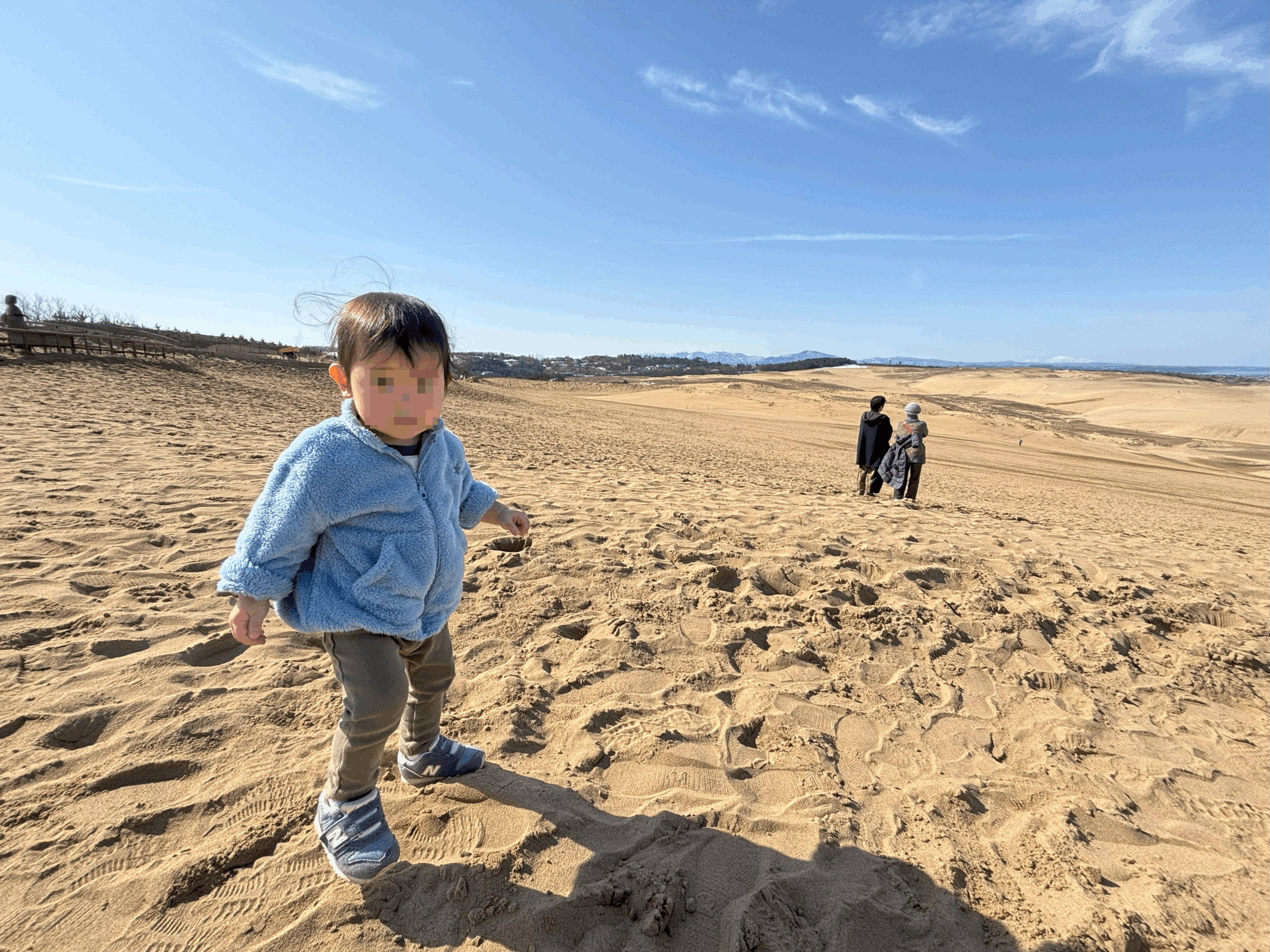 鳥取砂丘を歩く幼い子どもと遠くにいる次男
