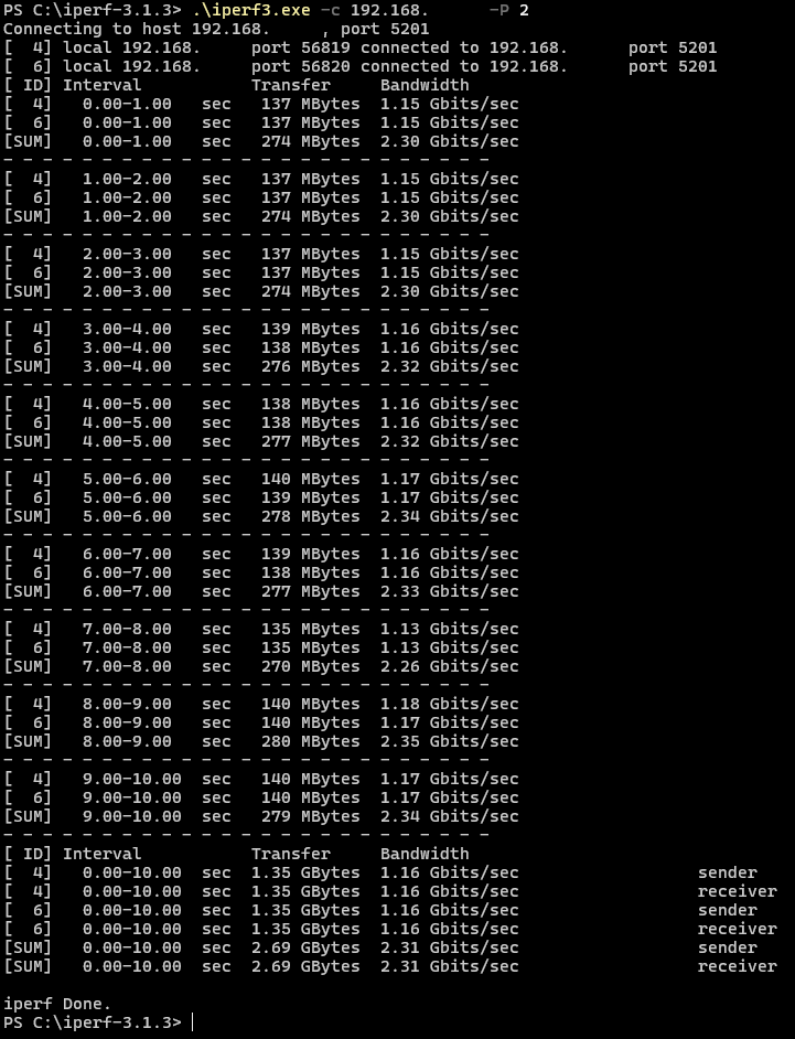 iperf3を用いてTerraMaster NASとPC間の通信速度を計測した結果