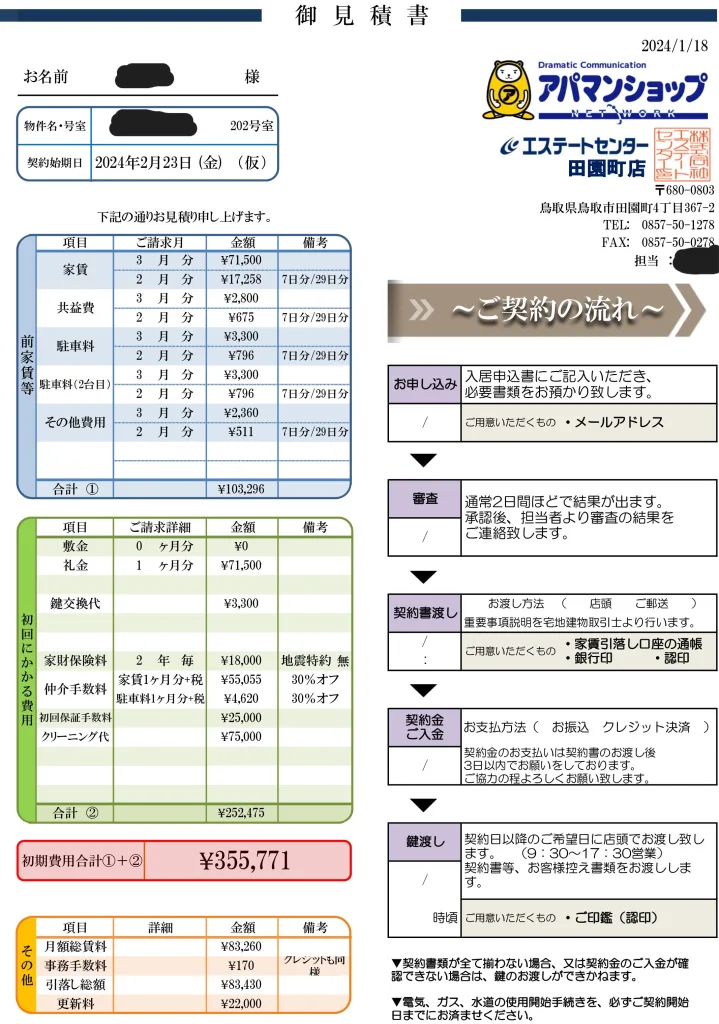 アパマンショップ田園町店での賃貸契約見積書（2024年2月入居予定）。