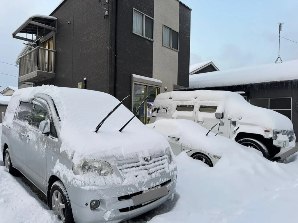 大雪に覆われた車と住宅前の様子