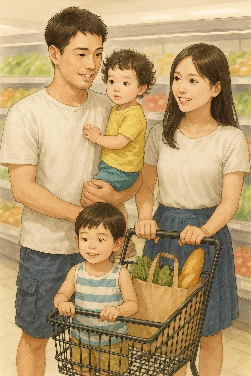 スーパーマーケットで買い物を楽しむ家族4人のイラスト