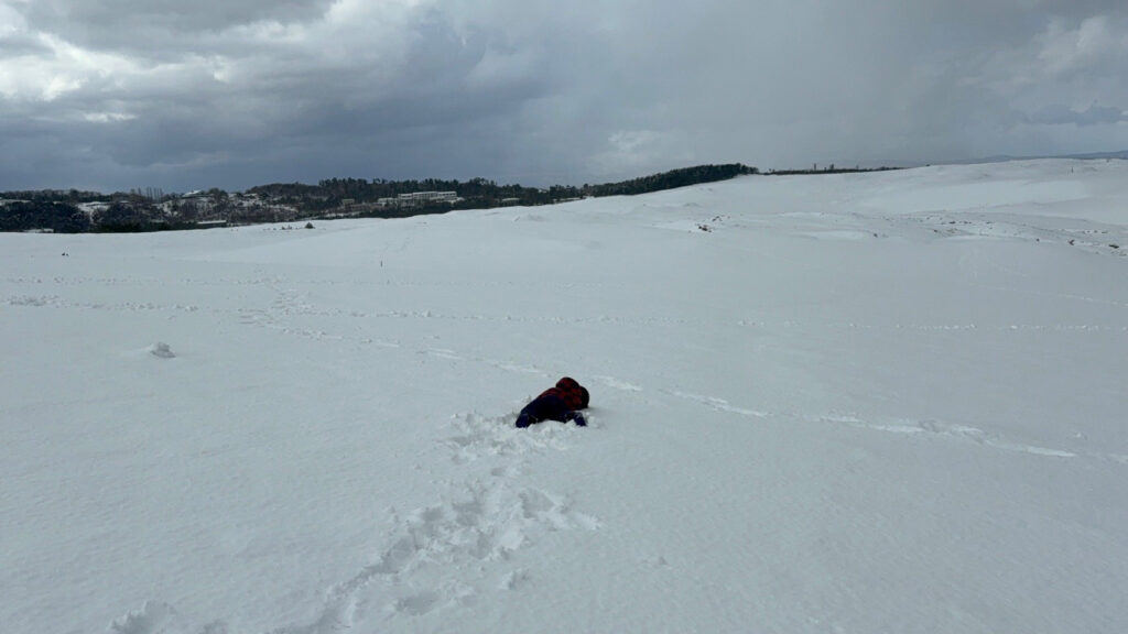 大雪に覆われた鳥取砂丘で遊ぶ幼児