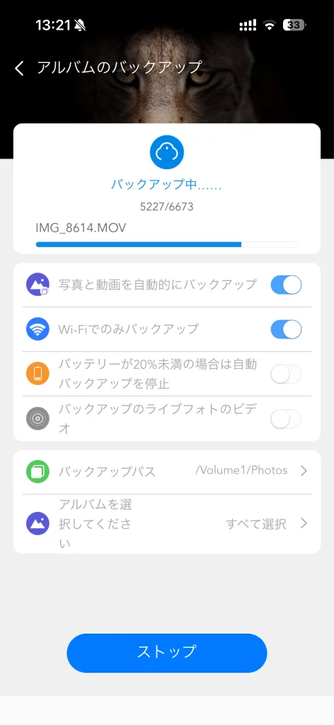 スマートフォンアプリでアルバムのバックアップを実行中の画面
