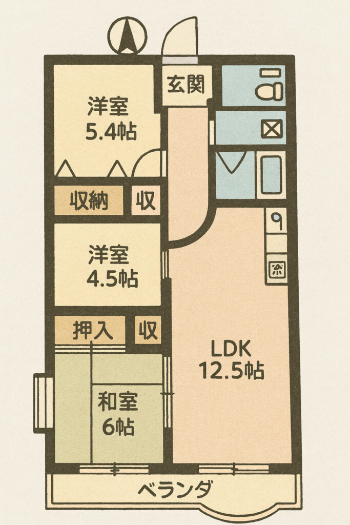 和室付き3LDKの間取り図。LDK12.5帖、洋室5.4帖・4.5帖、和室6帖、ベランダ付き、収納充実。