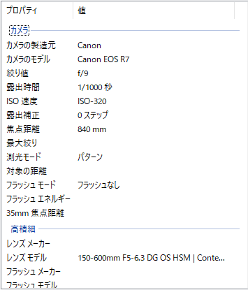 Canon EOS R7とSIGMA 150-600mm F5-6.3 DG OS HSM Contemporaryレンズで撮影された写真のExif情報画面。