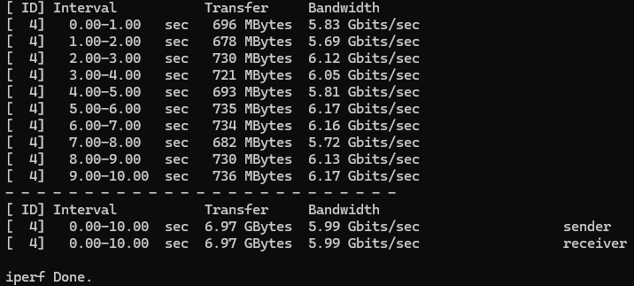 iperfによるローカルネットワーク通信速度測定結果、送受信ともに5.99Gbpsを記録