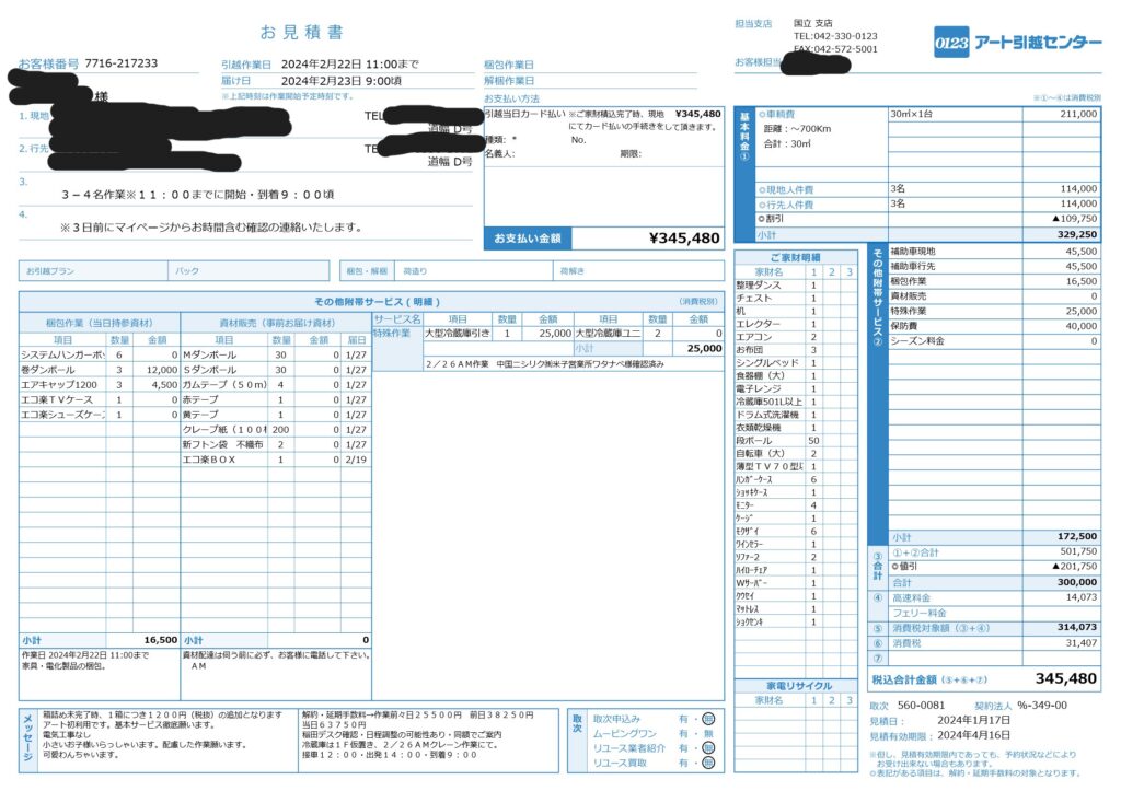 アート引越センターの東京から鳥取への引っ越し見積書（2024年2月）。