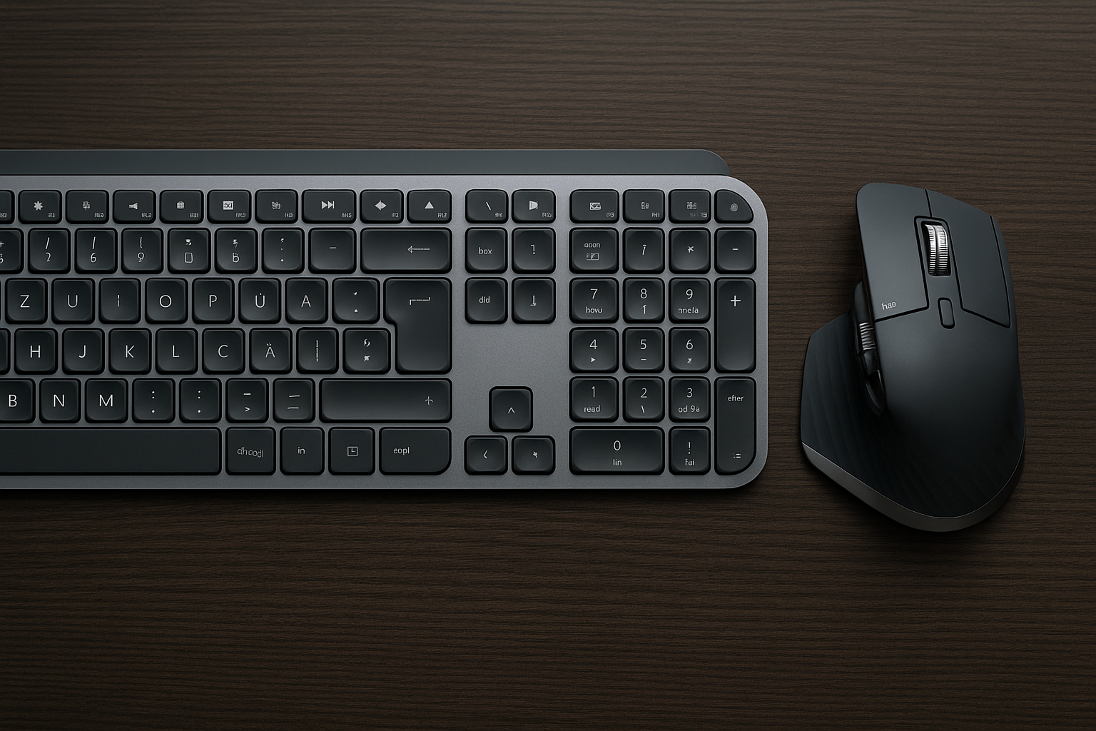 Logitech MX Keys EU配列キーボードとMX Master 3Sマウスが木目調のデスク上に並んでいる様子