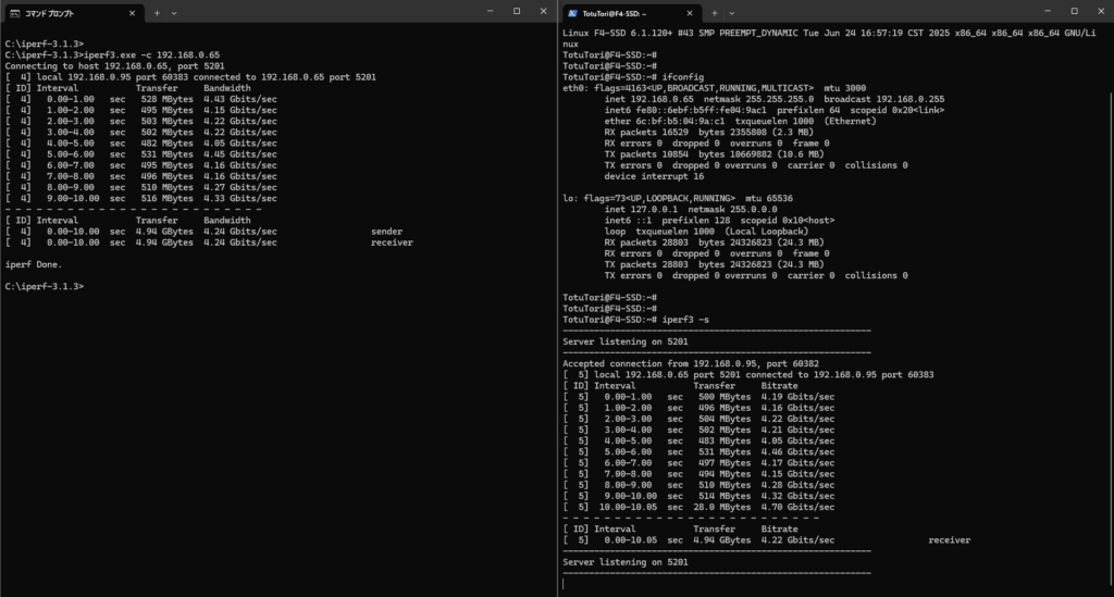 TerraMaster F4 SSD NASとWindows PC間で実施したiperf3によるネットワーク速度計測結果。約4.2Gbpsの通信速度を記録。