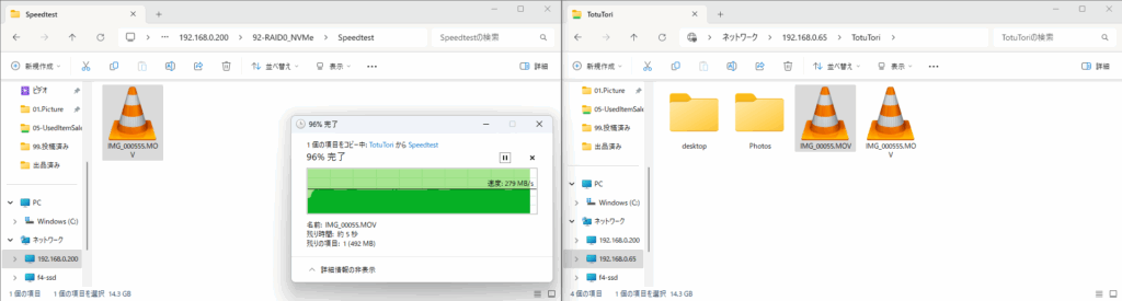 WindowsエクスプローラーでNAS間のファイル転送を行い、速度計測中の画面。約279MB/sの転送速度が表示されている。