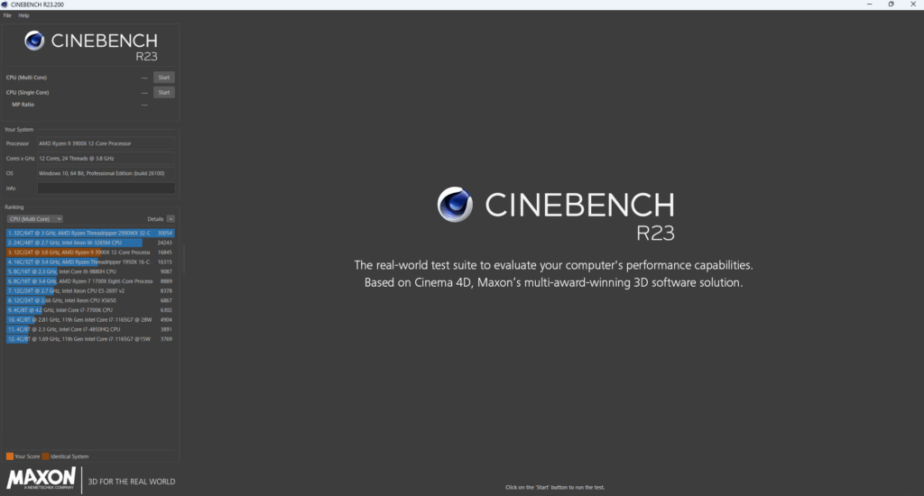Cinebench R23のベンチマーク結果。AMD Ryzen 9 3900Xのマルチコア性能スコアが表示されている。