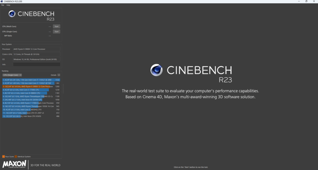 CINEBENCH R23で測定したRyzen 9 3900XのCPU性能ベンチマーク結果画面