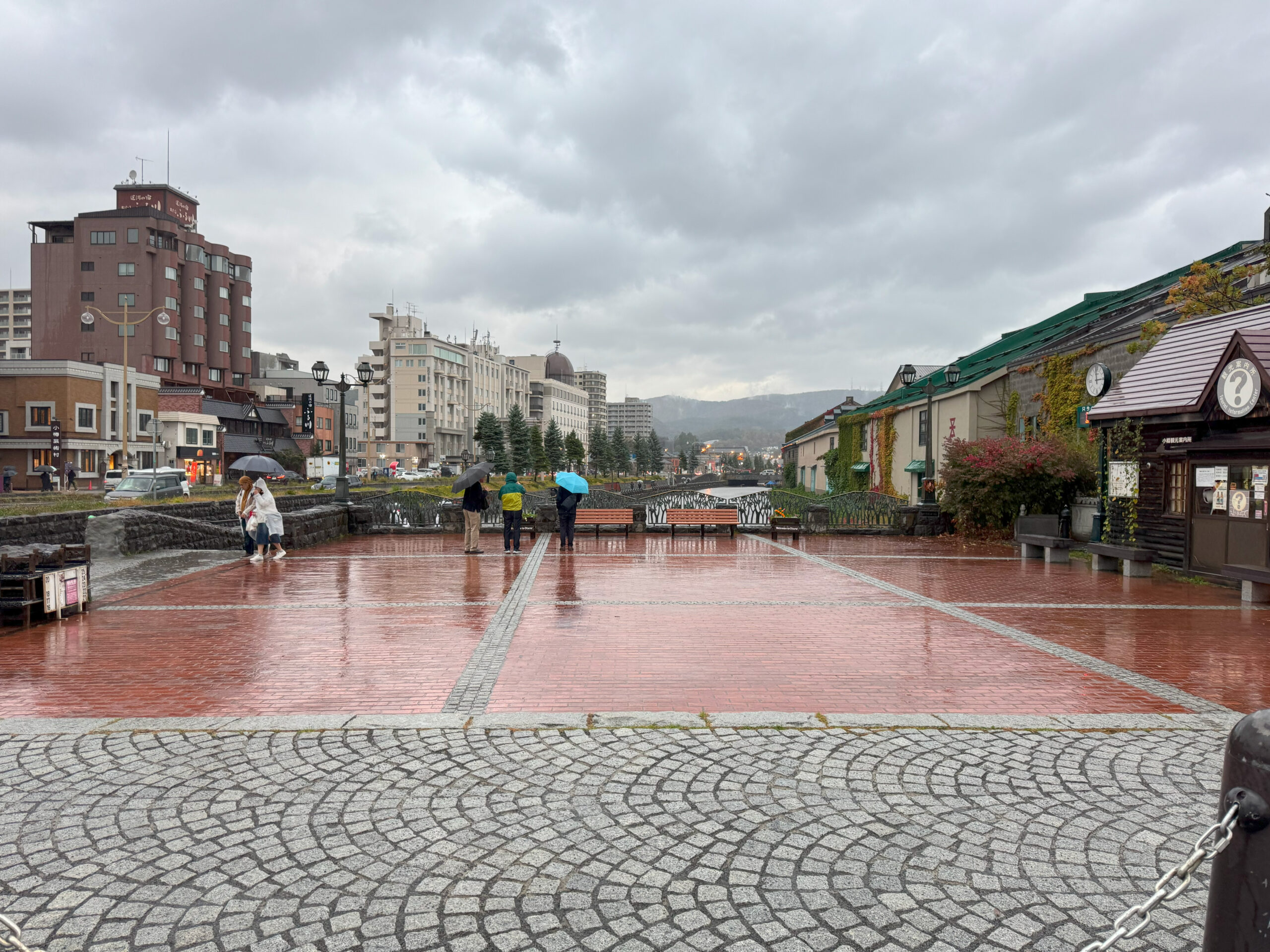 雨の小樽運河と石畳の遊歩道の風景