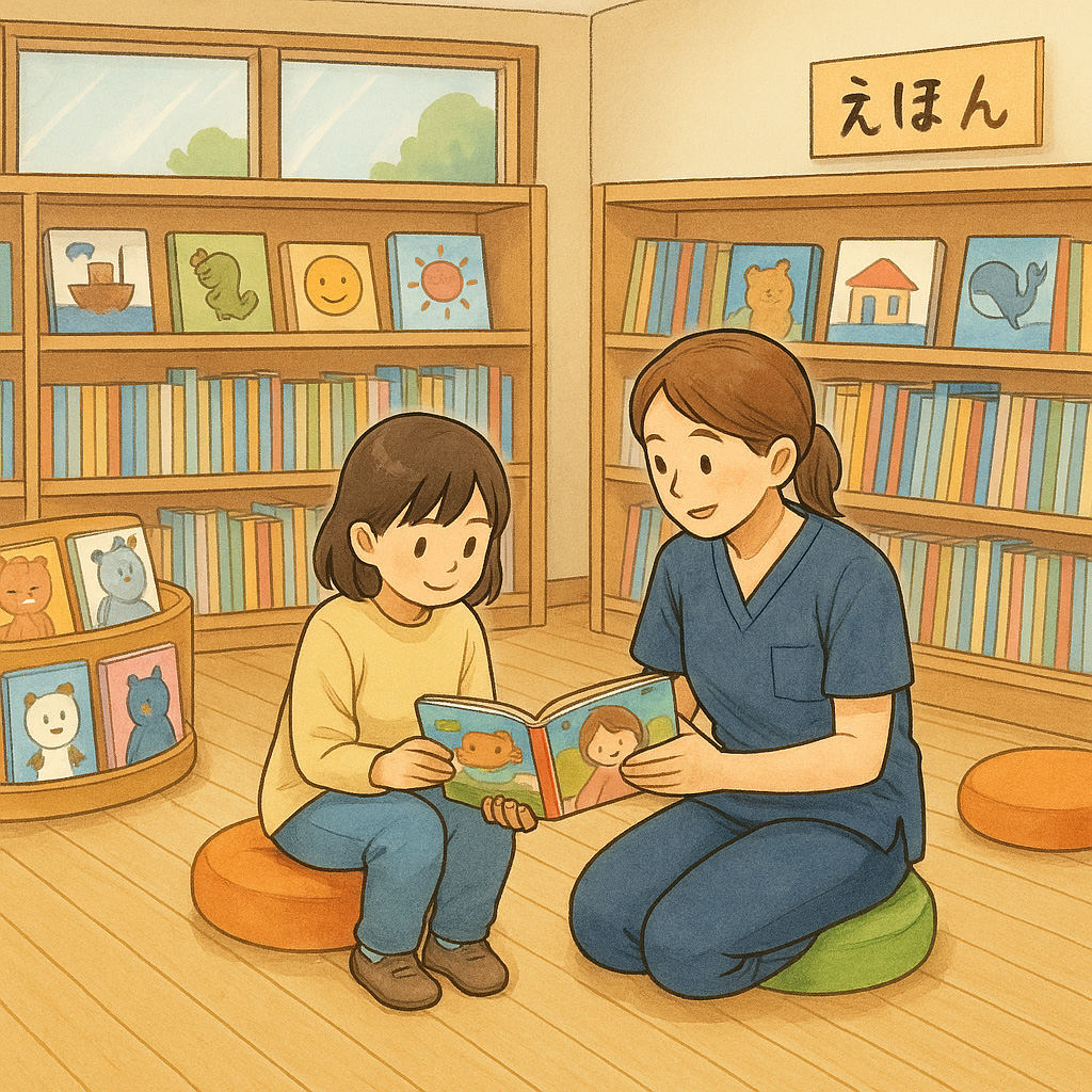 図書館の絵本コーナーで子どもに絵本を読み聞かせる女性