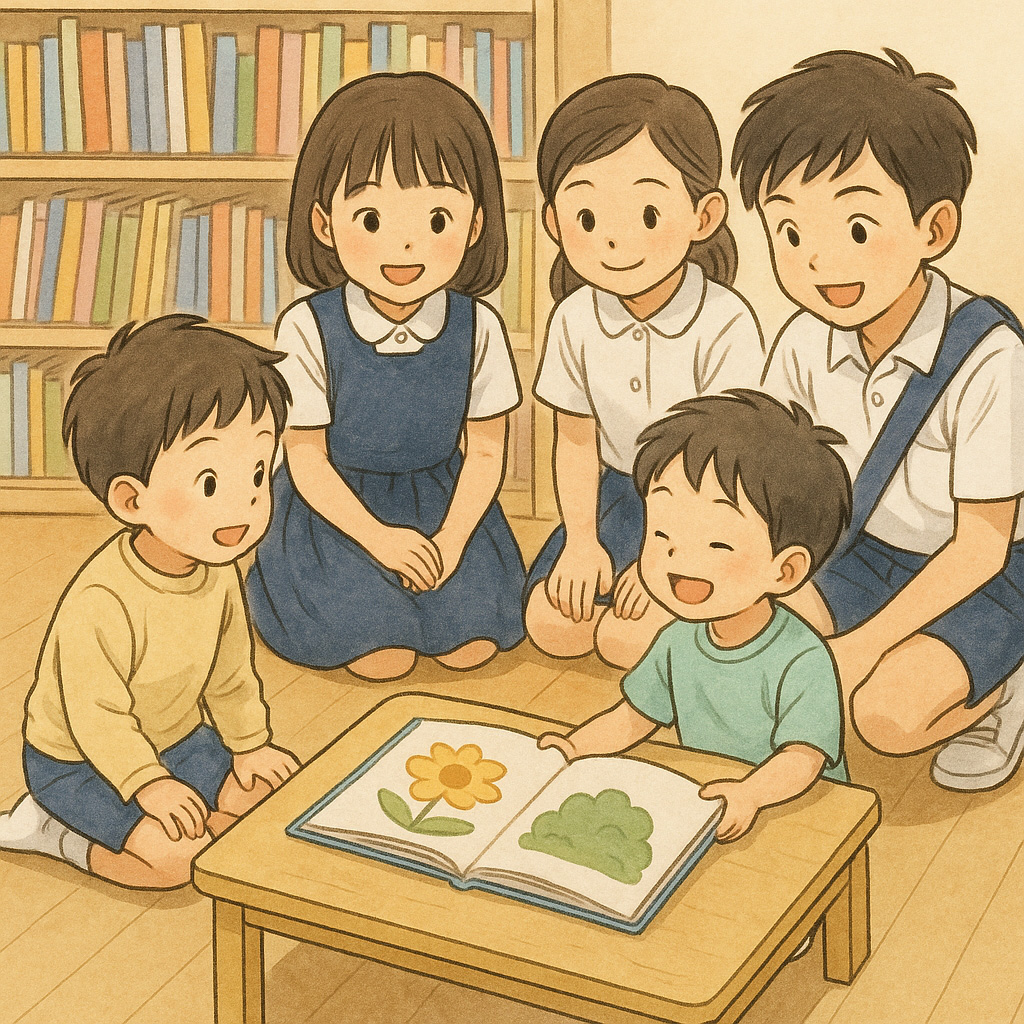 年長児と小学生が本を囲んで笑顔で交流しているイメージイラスト。温かい雰囲気の中で学びとふれあいを楽しむ様子。