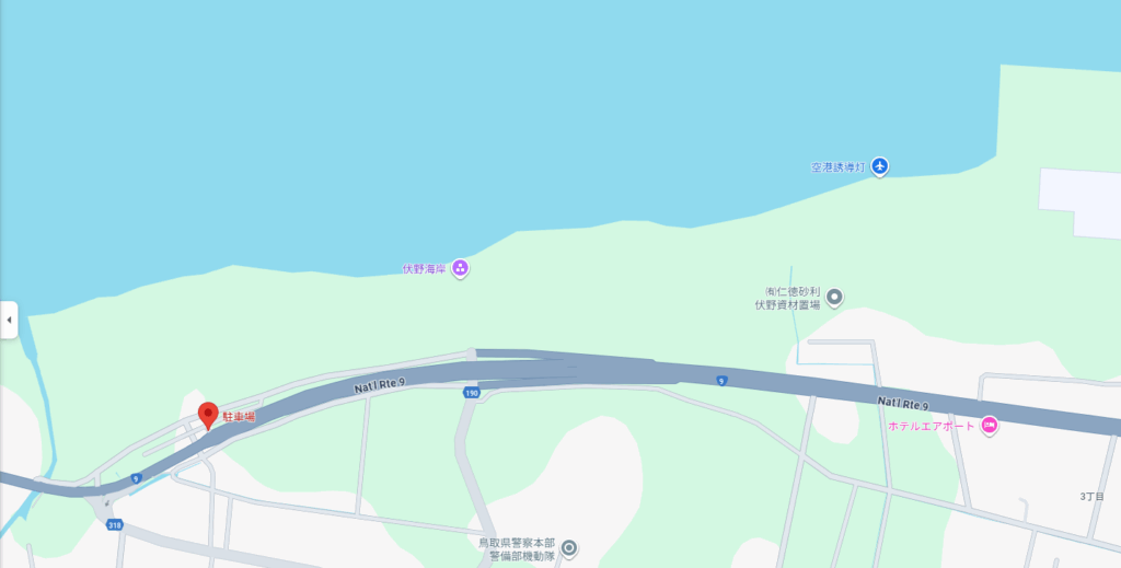 鳥取砂丘コナン空港周辺 伏野海岸の撮影スポットと駐車場の地図