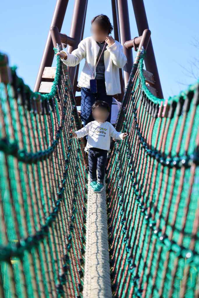 布勢公園のアスレチックで吊り橋を渡る子どもと見守る大人