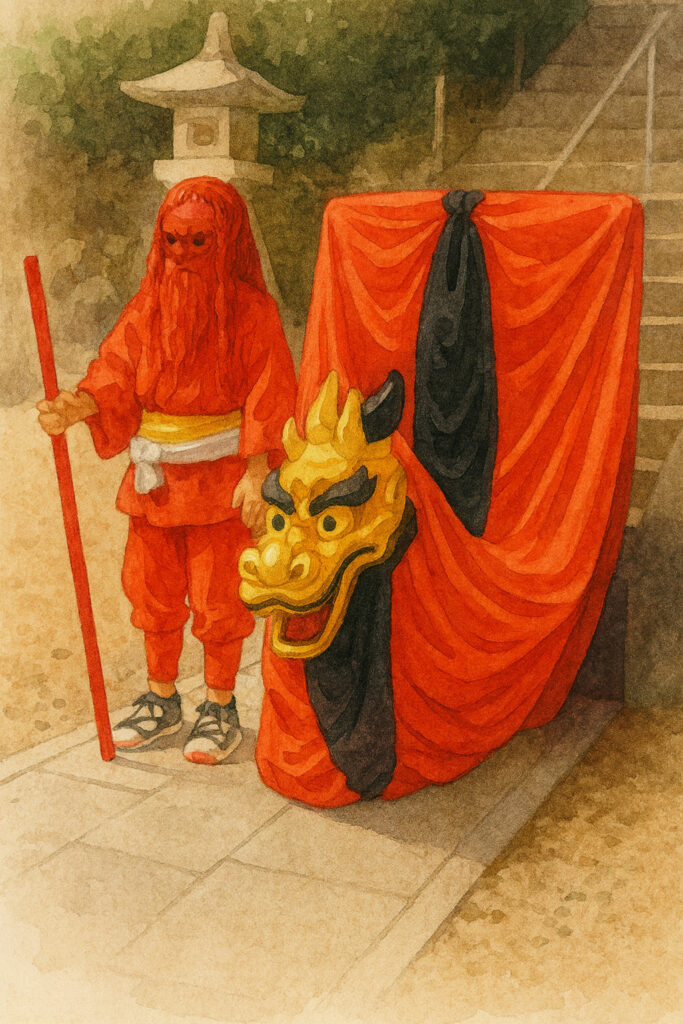 鳥取市の伝統・麒麟獅子舞を描いたイラスト。赤装束の舞い手と麒麟獅子が石段の前に立つ様子。